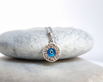 925 Sterling Silver Greek Evil Eye Pendant. Blue Murano Evil Eye.Meander Art Greek Pendant.Good Luck and Protection Charm