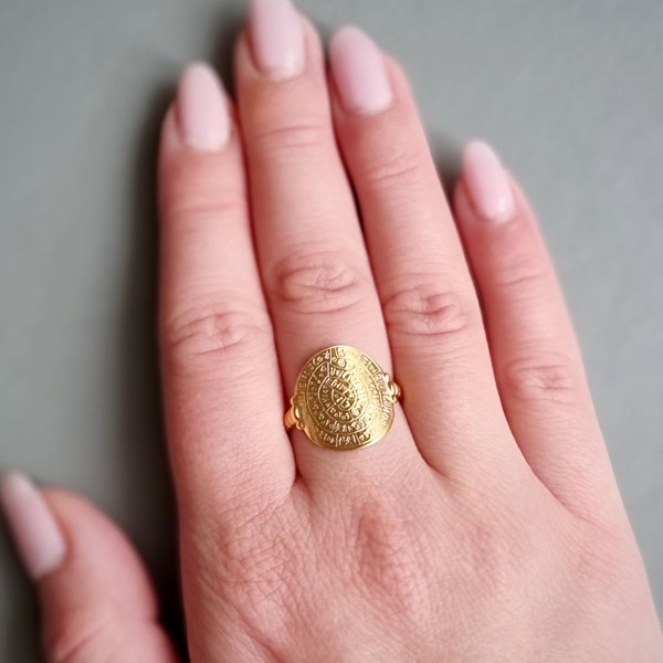 925  Sterling Silver Phaistos Gold Disc Ring.24K Gold Plated Ancient Greek Medallion Ring.