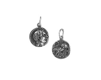 Silver Athena Goddess & Ancient Athenian Owl Silver Coin Vintage Retro Pendant.925 Sterling Silver.Ancient Greek Athenian Medallion.No Chain