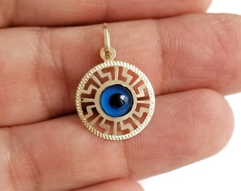 14K Greek Evil Eye Thin Pendant.14K Yellow Solid Gold.Meander Art Greek Pendant.Good Luck and Protection Charm