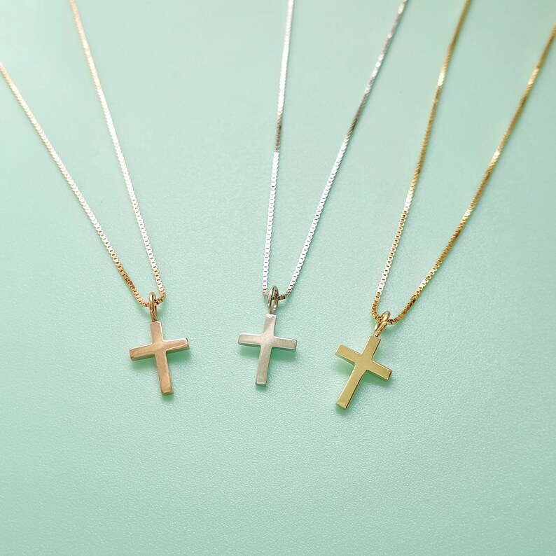 14K Yellow Solid Gold Cross Chain Pendant. Minimalist Christian Necklace. Classy Unisex Cross Casual Charm Necklace. image 4