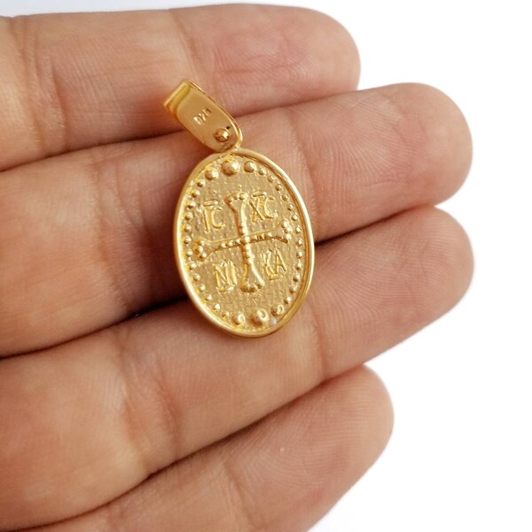 Cross Jesus ΙϹΧϹ ΝΙΚΑ Pendant.Jesus .925 Sterling Silver Yellow Gold Plated.Christian Pendant.Protection Charm