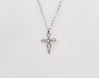 Kleines Kreuz Vintage Retro Kreuz Kette Necklace.925 Sterling Silber Weiß Cubic Zirconia.