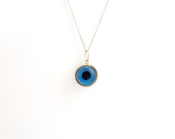 8K Gold Greek Evil Eye Gold Pendant. 8K Yellow Solid Gold. Blue Murano Evil Eye.Good Luck and Protection Charm