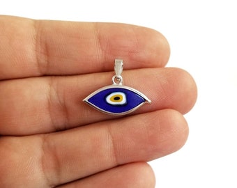 925 Sterling Silver Dark Blue Greek Evil Enamel Eye Pendant.Good Luck and Protection Charm