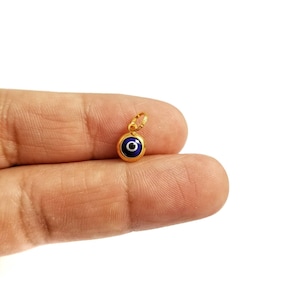 14K Gold Tiny Dark Blue Greek Evil Eye Gold Pendant. 14K Yellow Solid Gold. Dark Blue Lapis Evil Eye.Good Luck and Protection Charm.