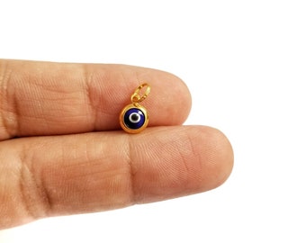 925 Sterling Silver Tiny Dark Blue Greek Evil Eye Gold Plated Pendant. Dark Blue Lapis Evil Eye.Good Luck and Protection Charm