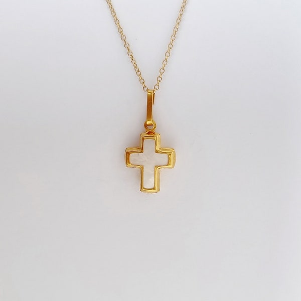 14K Tiny Gold Mother of Pearls Cross Pendant Crucifix. 14K Yellow Solid Gold Christian Pendant.