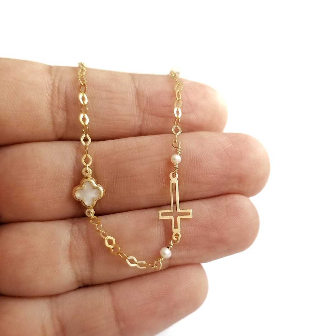 14K Gold Kreuzkette Damen - Verstellbare Halskette 47+5cm Mit Kreuz-Anhänger
