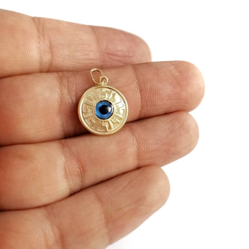 14K Greek Evil Eye Pendant.14K Yellow Solid Gold.Meander Art Etsy
