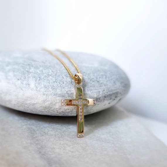 14K Gold Cross Pendant. 14K Yellow Solid Gold White Cubic Zirconia