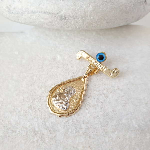 14K Gold Safety Saint Mary Theotokos & Blue Evil Eye Pin Jewelry .14K Yellow Solid Gold Tiny Greek Evil Eye Safety Pin Greek Retro Brooch.