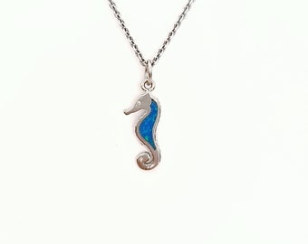 925 Sterling Silver Sea Horse Opal Pendant Necklace. Sea Horse Hippocampus Pendant.