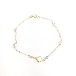 14K Solid Yellow Gold Tiny Cross & Blue Pink Beads in Charms Chain Bracelet. Mother of Pearls Cross Bracelet.Protection Bracelet.