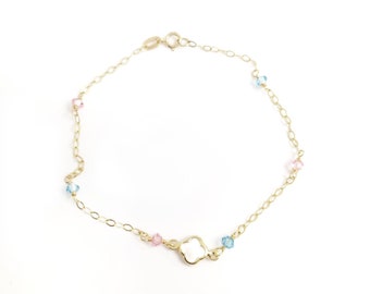 14K Solid Yellow Gold Tiny Cross & Blue Pink Beads in Charms Chain Bracelet. Mother of Pearls Cross Bracelet.Protection Bracelet.