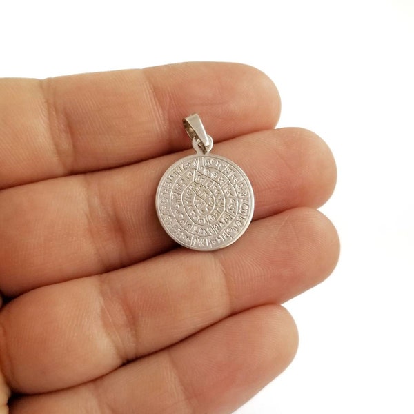 925  Sterling Silver Phaistos Disc Pendant Necklace.Ancient Greek Medallion.