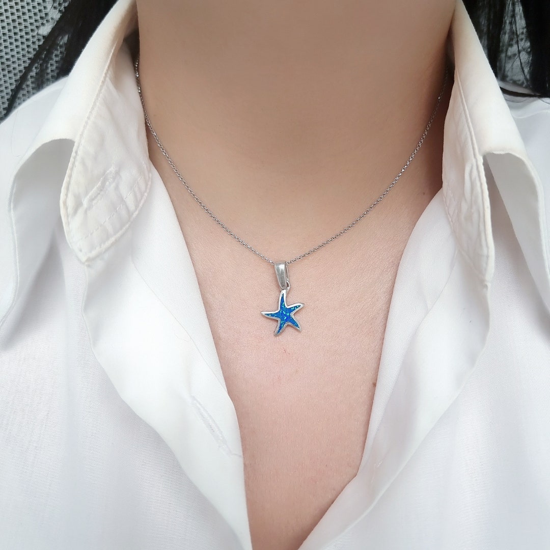 925 Sterling Silver Opal Starfish Sun Star Greek Pendant Necklace ...