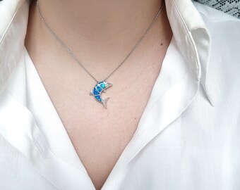 925 Sterling Silver Opal Dolphin Pendant Necklace. Silver Dolphin Pendant. No Chain.