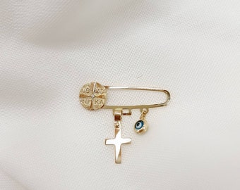 9K Tiny Blue Greek Evil Eye Gold & ICXC NIKA Cross Charm Baby Kid Pin Broche. Geel massief goud. Doopcadeau. Veel geluk en bescherming charme