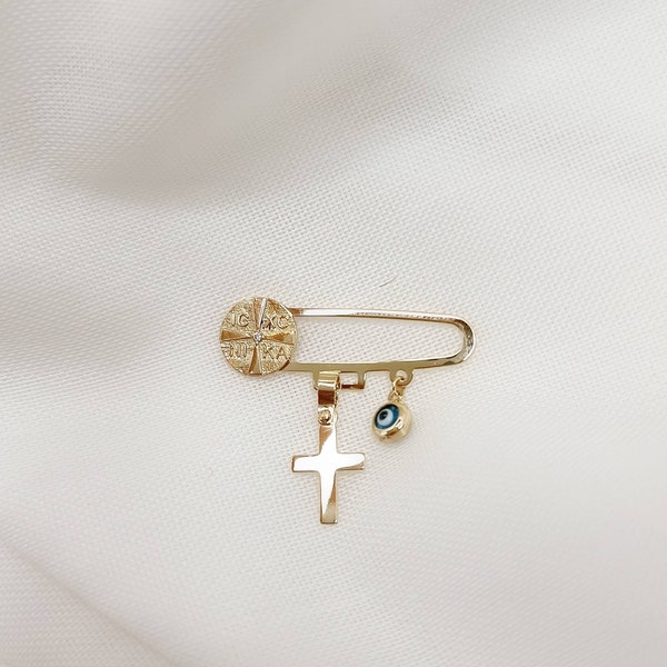 9K Tiny Blue Greek Evil Eye Gold & ICXC NIKA Cross Charm Baby Kid Pin Brooch.Yellow Solid Gold.Baptism Gift.Good luck and Protection Charm
