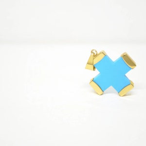 14K Tiny Solid Yellow Turquoise Gold Cross Pendant Crucifix.Christian Pendant.