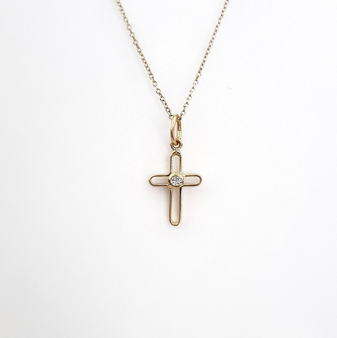 14K Yellow Solid Gold Tiny Cross Pendant.white Cubic Zirconia Cross