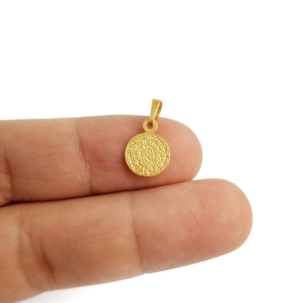 14K kleine Phaistos Gold Disc Anhänger Halskette. 14K Gelbgold. Antike griechische Medaillon.