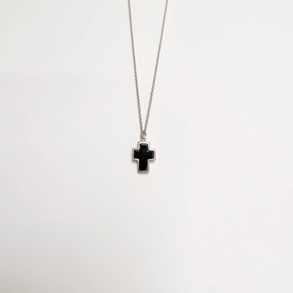 Silver Small Black Cross Necklace. 925 Sterling Silver or Gold Plated Beautiful Classy Cross Chain Necklace.