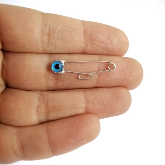 925 Sterling Silver Safety Greek Evil Eye Pin Jewelry. Silver Safety Pin  Brooch.one Hoop for Charms.protection & Good Luck Charm 