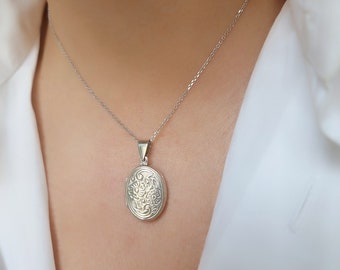 Collana con medaglione ovale in argento sterling 925. Custodia per foto con collana ovale vintage retrò.