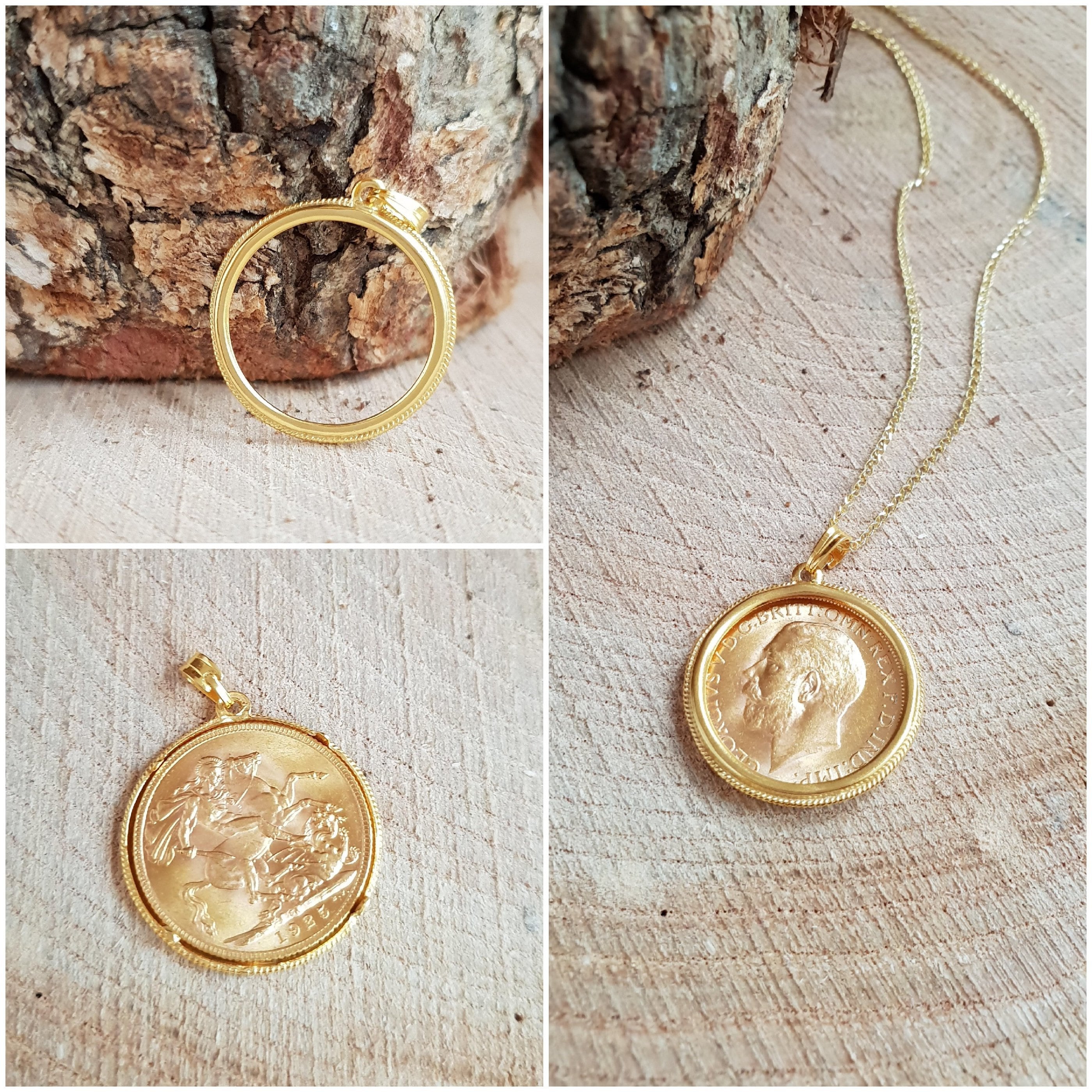 14K British Sovereign Coin Holder Frame Case Chain Pendant.14k