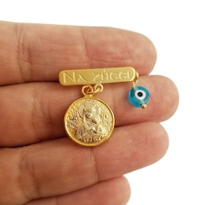 925 Sterling Silver Safety Greek Evil Eye Saint Mary Jesus  Pin Jewelry. Gold Plated Brooch. Protection and Good Luck Charm