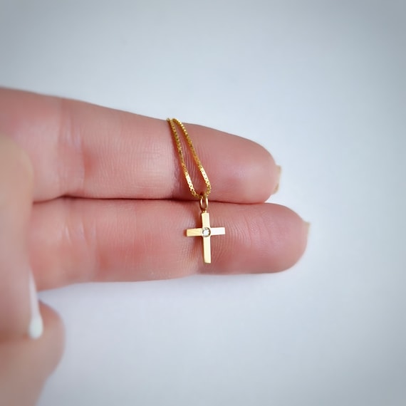 14K Yellow Solid Gold Diamond Cross 