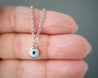 925 Sterling Silver Tiny White Greek Evil Eye Pendant. White Enamel Evil Eye.Good Luck and Protection Charm