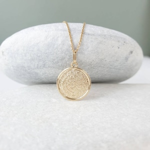 14K Greek Phaistos Gold Disc Thin Pendant Necklace. 14K Yellow Solid Gold.Ancient Greek Medallion.