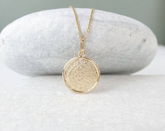 14K Greek Phaistos Gold Disc Thin Pendant Necklace. 14K Yellow Solid Gold.Ancient Greek Medallion.