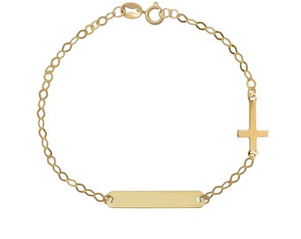 Kruis tag ketting armband. 9K geel massief goud. Christelijke bedelarmband. Doop cadeau. Bescherming armband. Gratis gravure