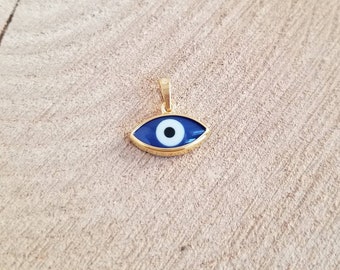 925 Sterling Silver Dark Blue Greek Evil Enamel Eye Gold Plated Pendant.Good Luck and Protection Charm