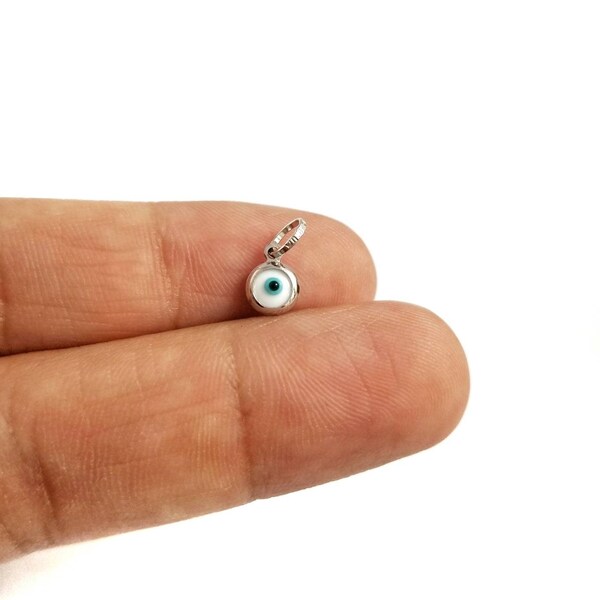 925 Sterling Silver Tiny White Greek Evil Eye Pendant. White Enamel Evil Eye.Good Luck and Protection Charm. No Chain Included