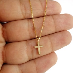 14K Yellow Solid Gold Cross Chain Pendant. Minimalist Christian Necklace. Classy Unisex Cross Casual Charm Necklace. image 1