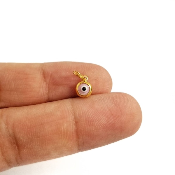 925 Sterling Silver Tiny Pink Greek Evil Eye Gold Plated Pendant. Pink Enamel Evil Eye.Good Luck and Protection Charm. No Chain Included