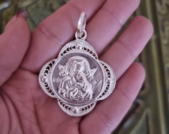 950 Sterling Silver , Virgin Mary, Saint Mary , Greek Orthodox Pendant. Large and Heavy Pendant Protection Car Charm. Special Price.