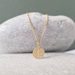 14K Tiny ΙϹΧϹ ΝΙΚΑ Cross Medallion Pendant. 14K Yellow Solid Gold.Christian Pendant. No chain.