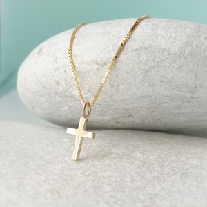14K Yellow Solid Gold Cross Chain Pendant. Minimalist Christian Necklace. Classy Unisex Cross Casual Charm Necklace. image 2