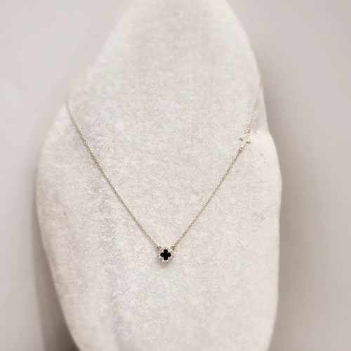 14K Tiny Solid Gold Black Enamel and Zirconia Two Sided Cross Chain shops Pendant.Christian Necklace. Classy Women Cross Casual Charm Necklace.