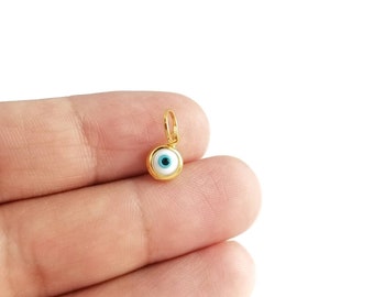 925 Sterling Silver Tiny Greek Evil Eye Gold Plated Pendant. White Enamel Evil Eye.Good Luck and Protection Charm. No Chain Included