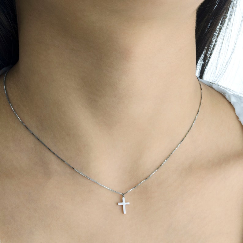14K Yellow Solid Gold Cross Chain Pendant. Minimalist Christian Necklace. Classy Unisex Cross Casual Charm Necklace. image 7