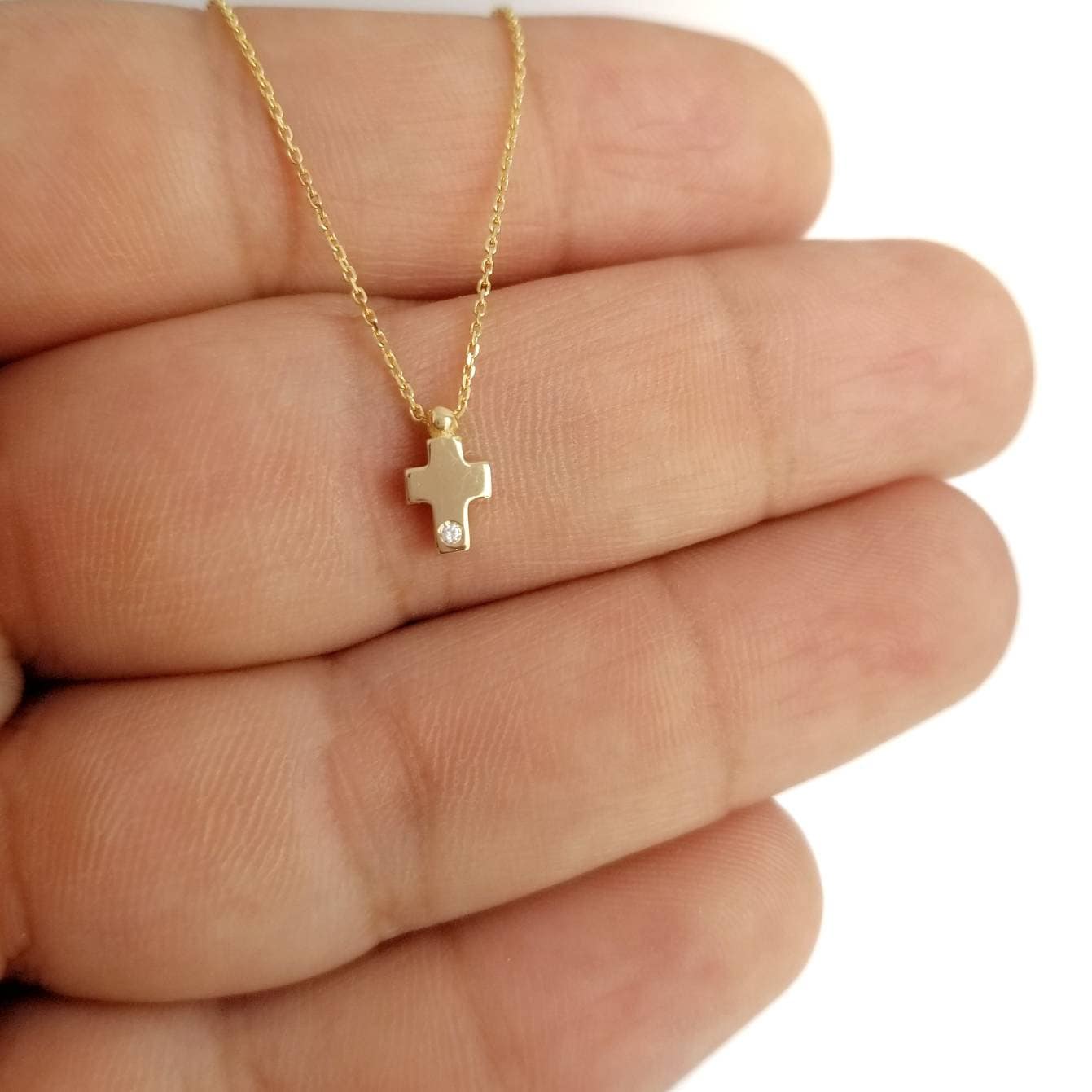 14K Yellow Gold CZ Tiny Pendant Charm Necklace