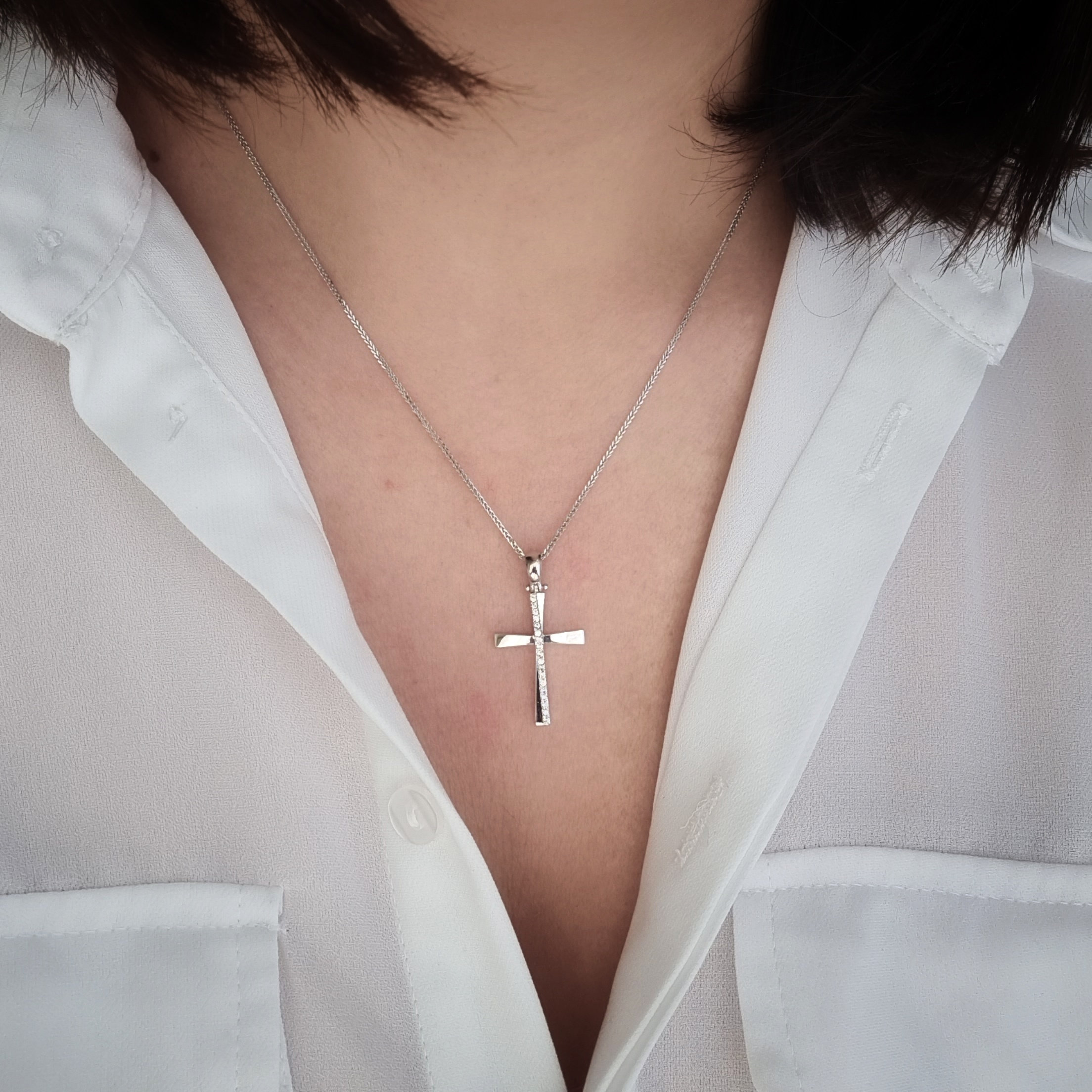 14K White Solid Gold Cross Pendant 