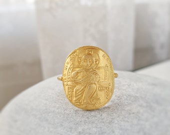 925 Sterling Silver Jesus Saint Helen & Constantine Medallion Ring.925 Sterling Silver Yellow Gold Plated. Byzantine Coin Ring.